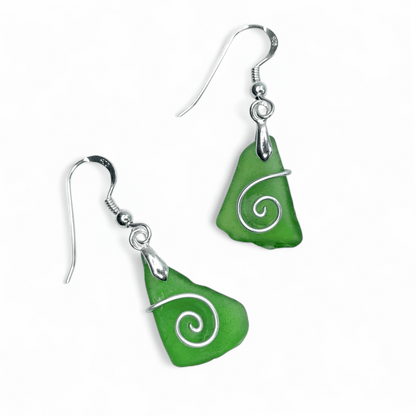Sea Glass Earrings - Emerald Green Celtic Silver Wire Wrapped Jewellery - East Neuk Beach Crafts