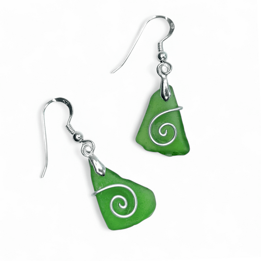Sea Glass Earrings - Emerald Green Celtic Silver Wire Wrapped Jewellery - East Neuk Beach Crafts