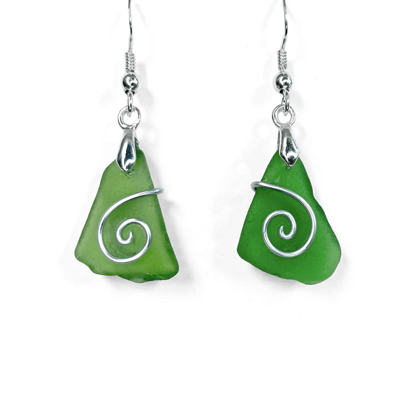 Sea Glass Earrings - Emerald Green Celtic Silver Wire Wrapped Jewellery - East Neuk Beach Crafts
