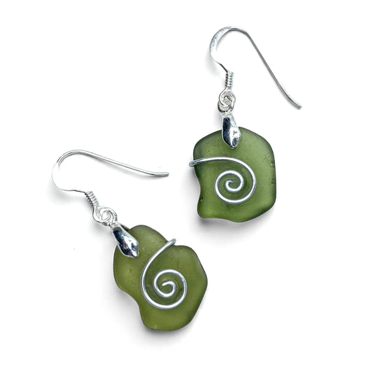 Sea Glass Earrings - Olive Celtic Wire Wrapped Jewellery - East Neuk Beach Crafts