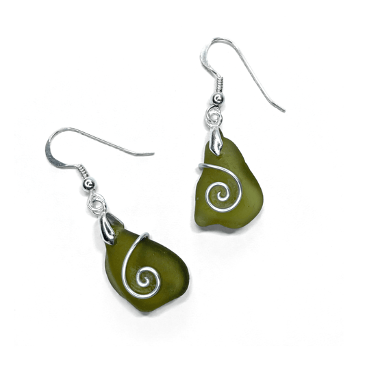 Sea Glass Earrings - Olive Celtic Wire Wrapped Jewellery - East Neuk Beach Crafts