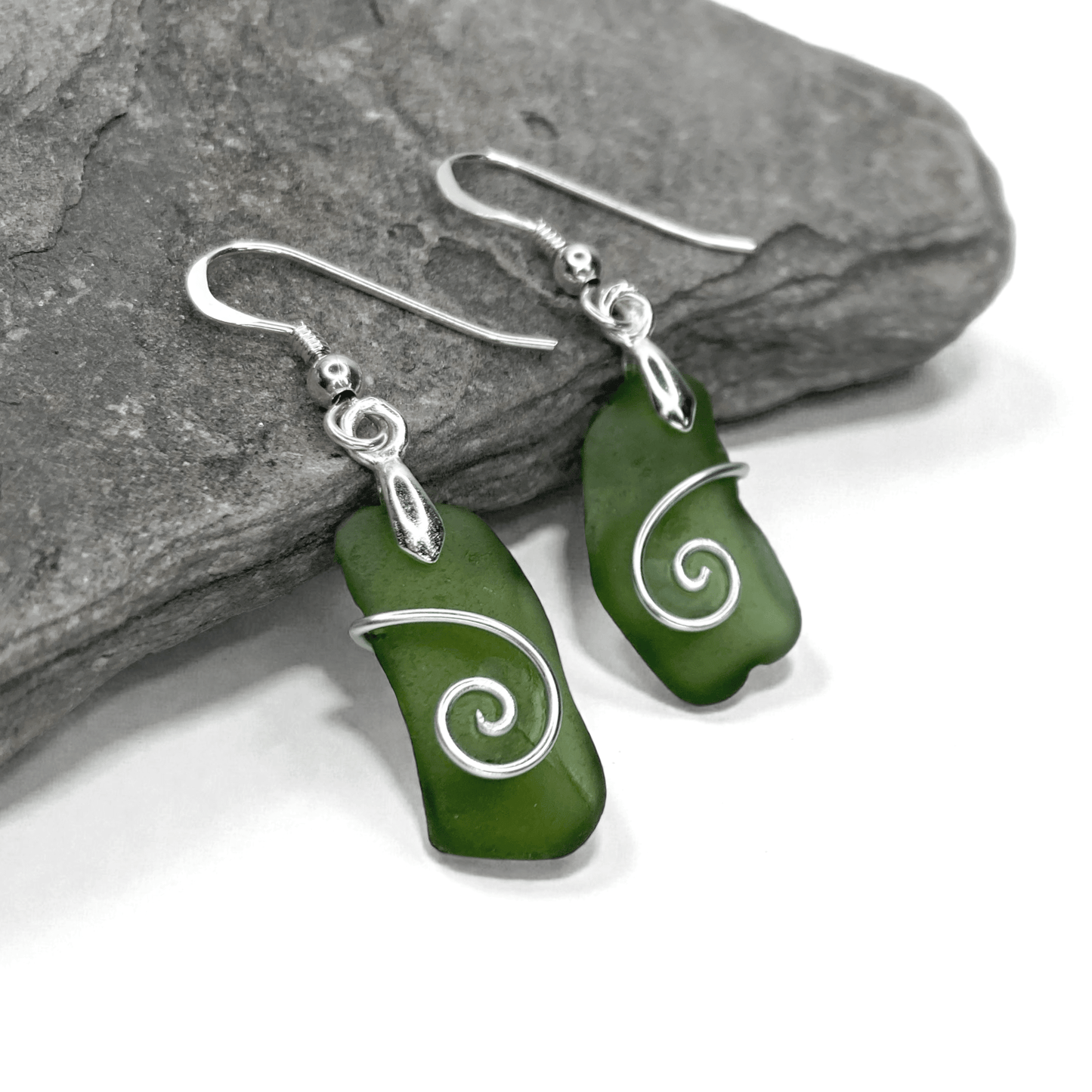 Sea Glass Earrings - Olive Celtic Wire Wrapped Jewellery - East Neuk Beach Crafts
