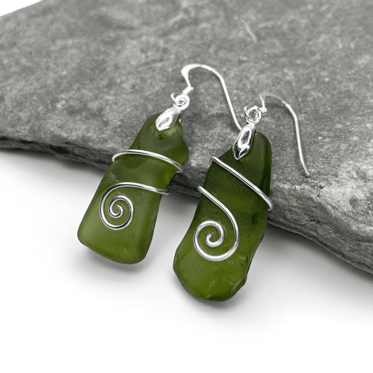 Sea Glass Earrings - Olive Celtic Wire Wrapped Jewellery - East Neuk Beach Crafts