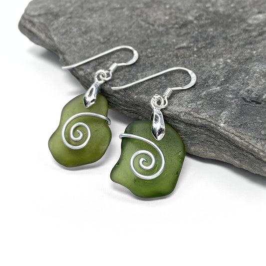 Sea Glass Earrings - Olive Celtic Wire Wrapped Jewellery - East Neuk Beach Crafts
