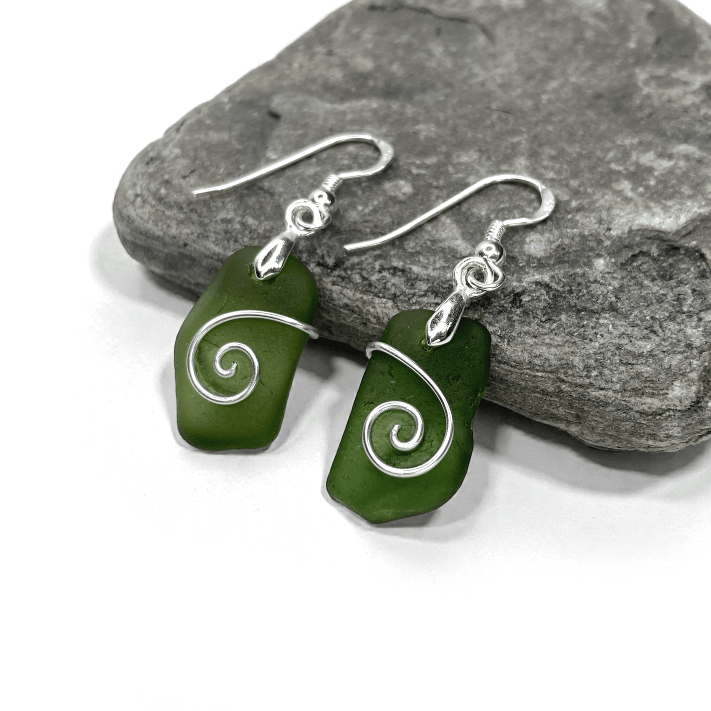 Sea Glass Earrings - Olive Celtic Wire Wrapped Jewellery - East Neuk Beach Crafts