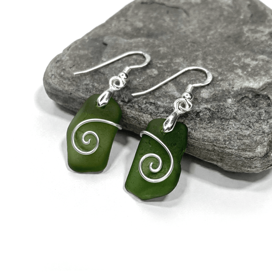 Sea Glass Earrings - Olive Celtic Wire Wrapped Jewellery - East Neuk Beach Crafts
