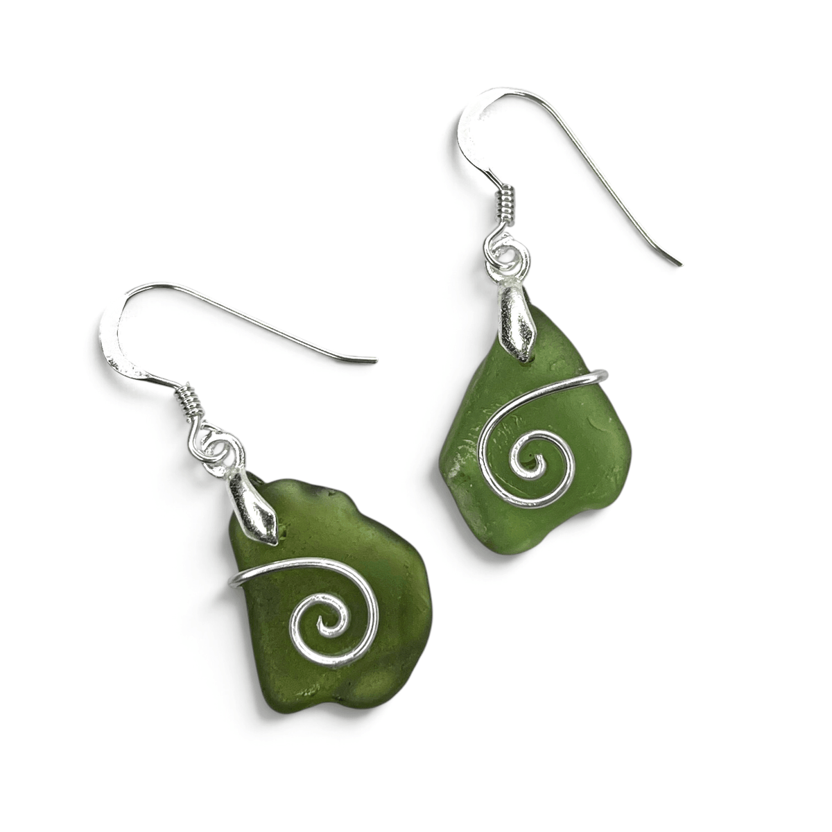 Sea Glass Earrings - Olive Green Celtic Scottish Jewellery - East Neuk Beach Crafts