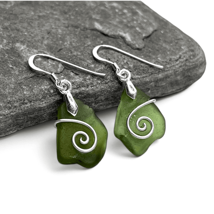 Sea Glass Earrings - Olive Green Celtic Scottish Jewellery - East Neuk Beach Crafts