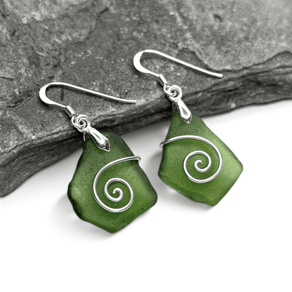 Sea Glass Earrings - Olive Green Celtic Scottish Jewellery - East Neuk Beach Crafts