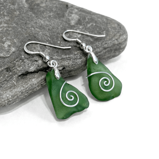 Sea Glass Earrings - Olive Green Celtic Silver Wire Wrapped Jewellery - East Neuk Beach Crafts