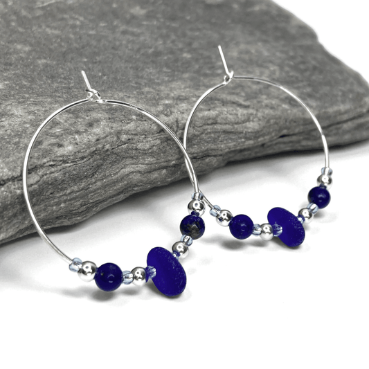 Sea Glass Hoop Earrings - Large - Blue Lapis Lazuli Crystal - East Neuk Beach Crafts