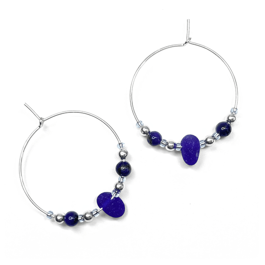 Sea Glass Hoop Earrings - Large - Blue Lapis Lazuli Crystal - East Neuk Beach Crafts