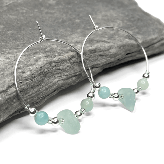 Sea Glass Hoop Earrings - Large - Green Amazonite Crystal - East Neuk Beach Crafts