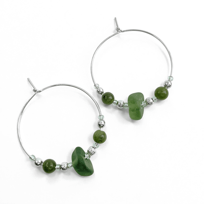 Sea Glass Hoop Earrings - Large - Green Jade Crystal - East Neuk Beach Crafts