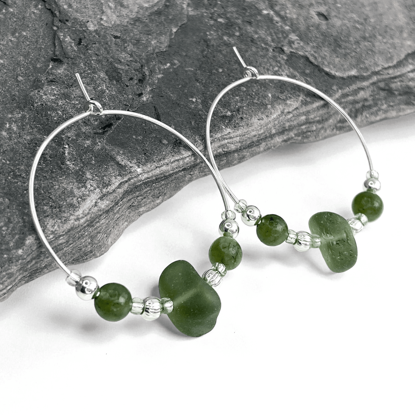 Sea Glass Hoop Earrings - Large - Green Jade Crystal - East Neuk Beach Crafts