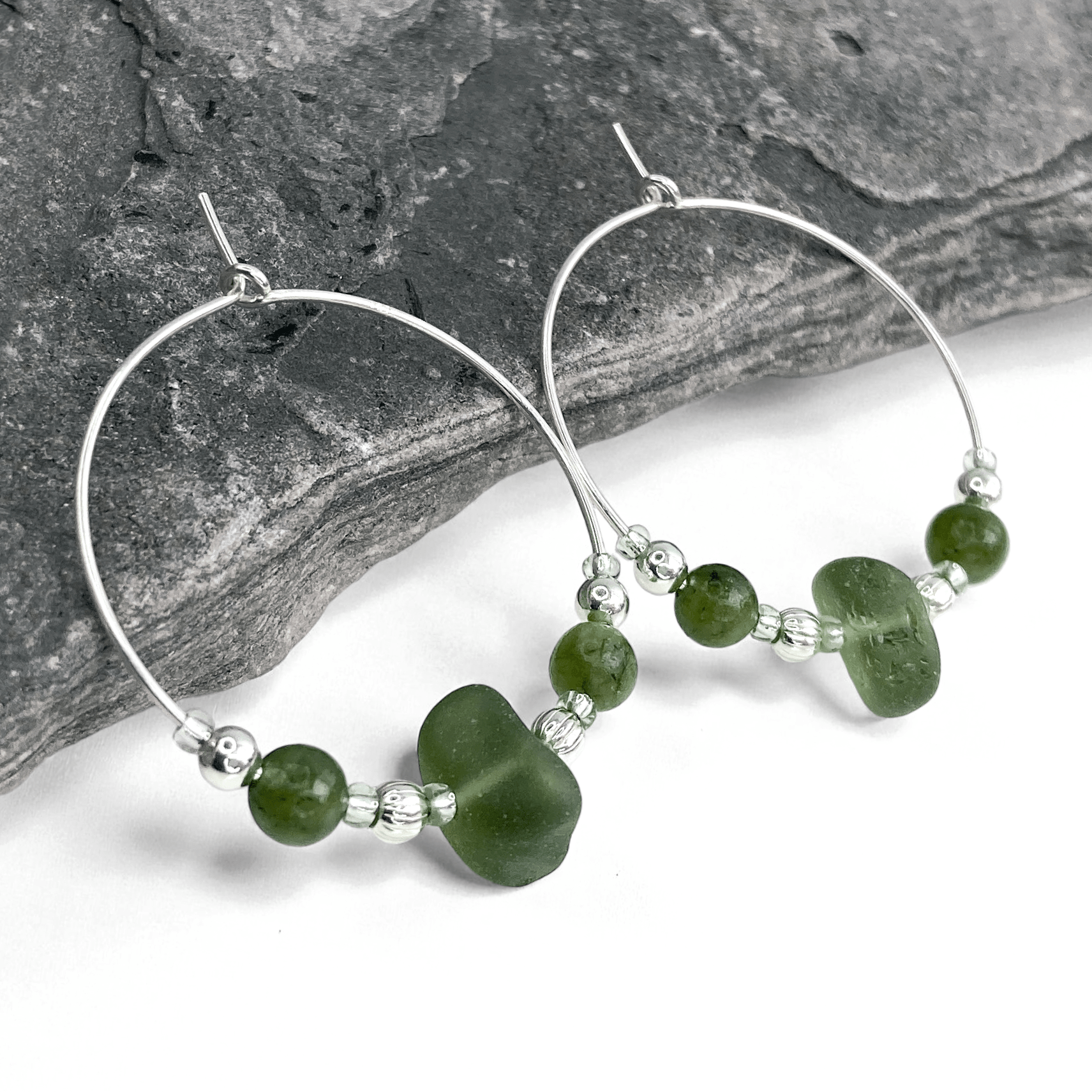 Sea Glass Hoop Earrings - Large - Green Jade Crystal - East Neuk Beach Crafts