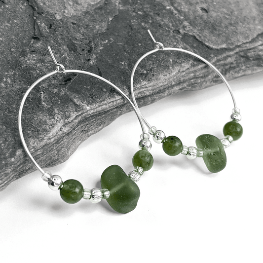 Sea Glass Hoop Earrings - Large - Green Jade Crystal - East Neuk Beach Crafts