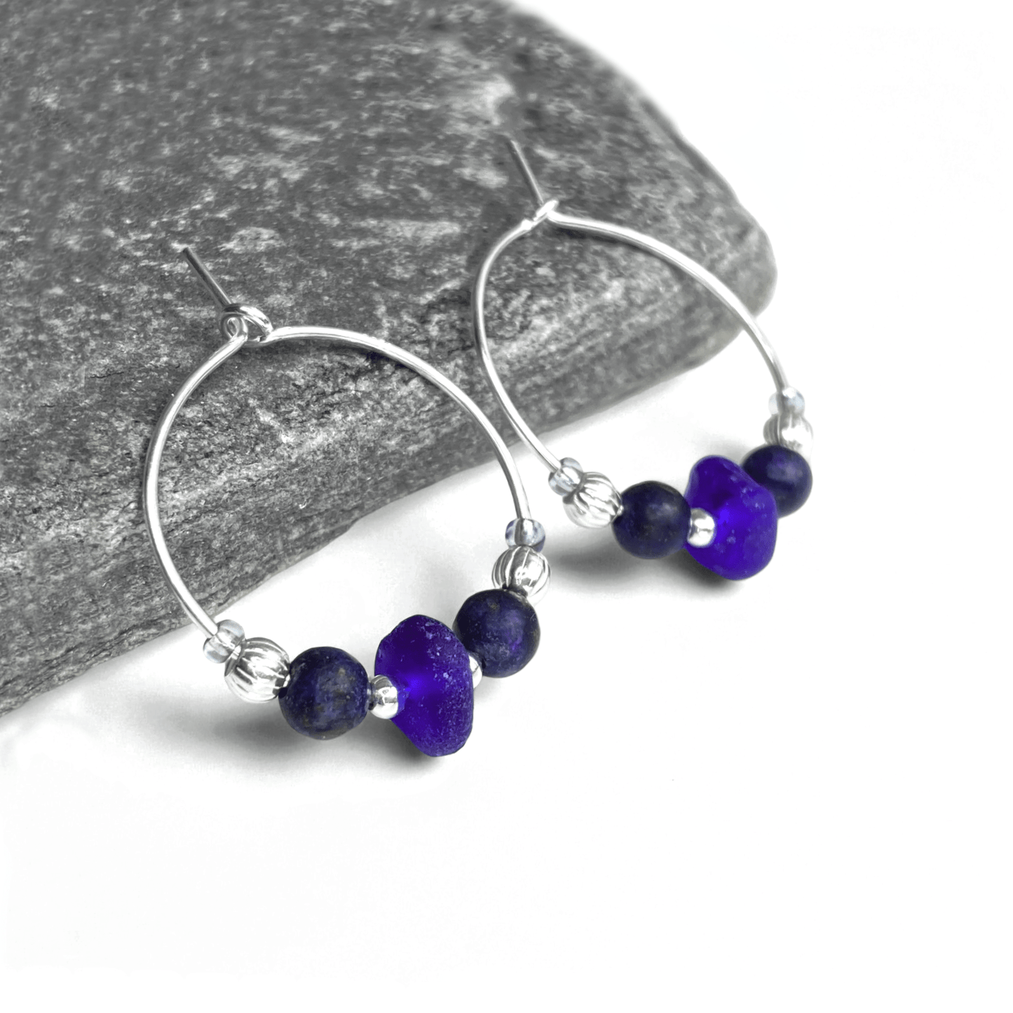 Sea Glass Hoop Earrings - Small - Blue Lapis Lazuli Crystal
