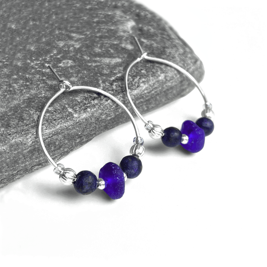 Sea Glass Hoop Earrings - Small - Blue Lapis Lazuli Crystal