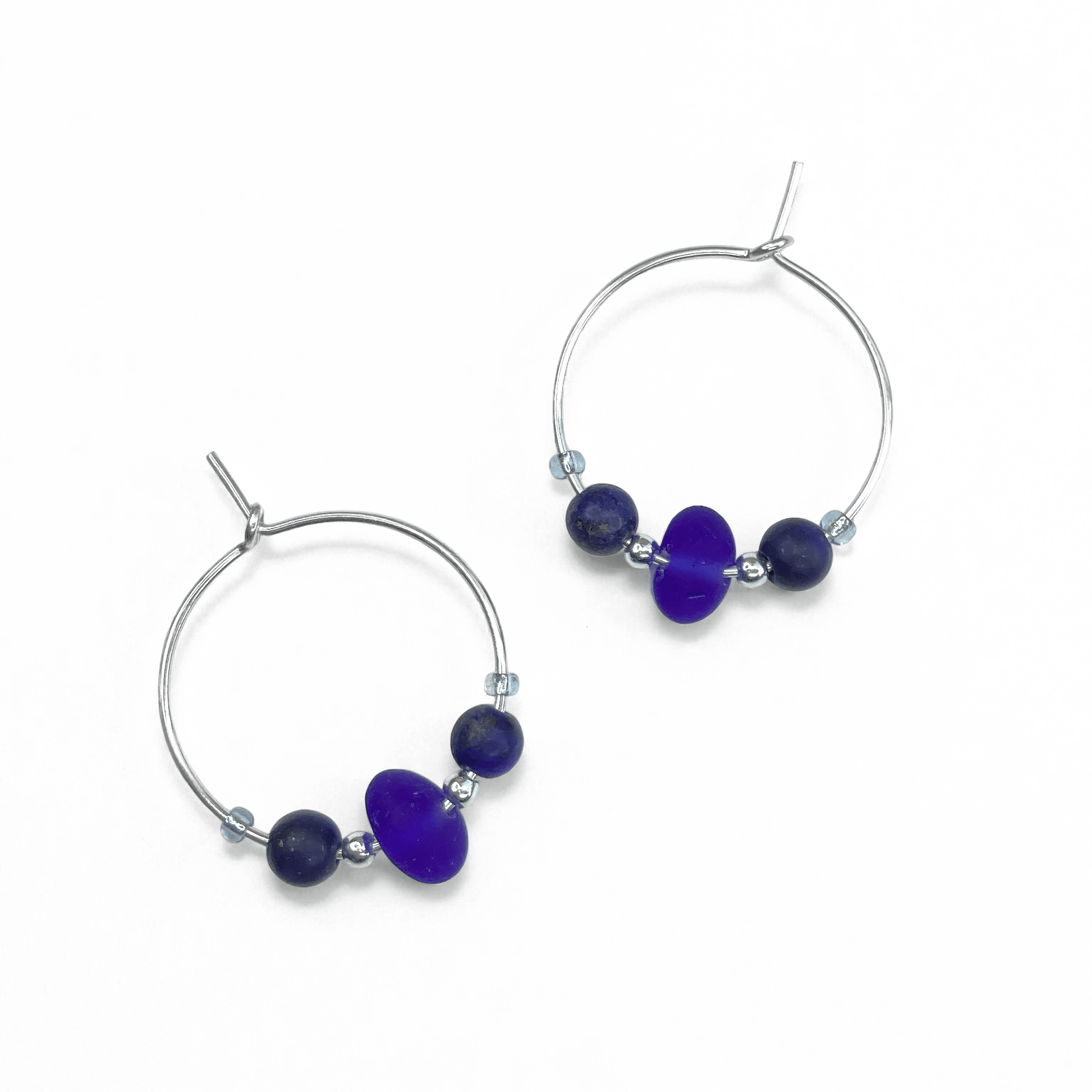 Sea Glass Hoop Earrings - Small - Blue Lapis Lazuli Crystal