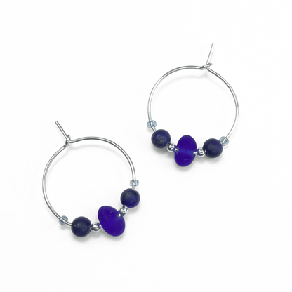 Sea Glass Hoop Earrings - Small - Blue Lapis Lazuli Crystal