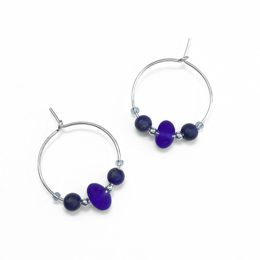 Sea Glass Hoop Earrings - Small - Blue Lapis Lazuli Crystal