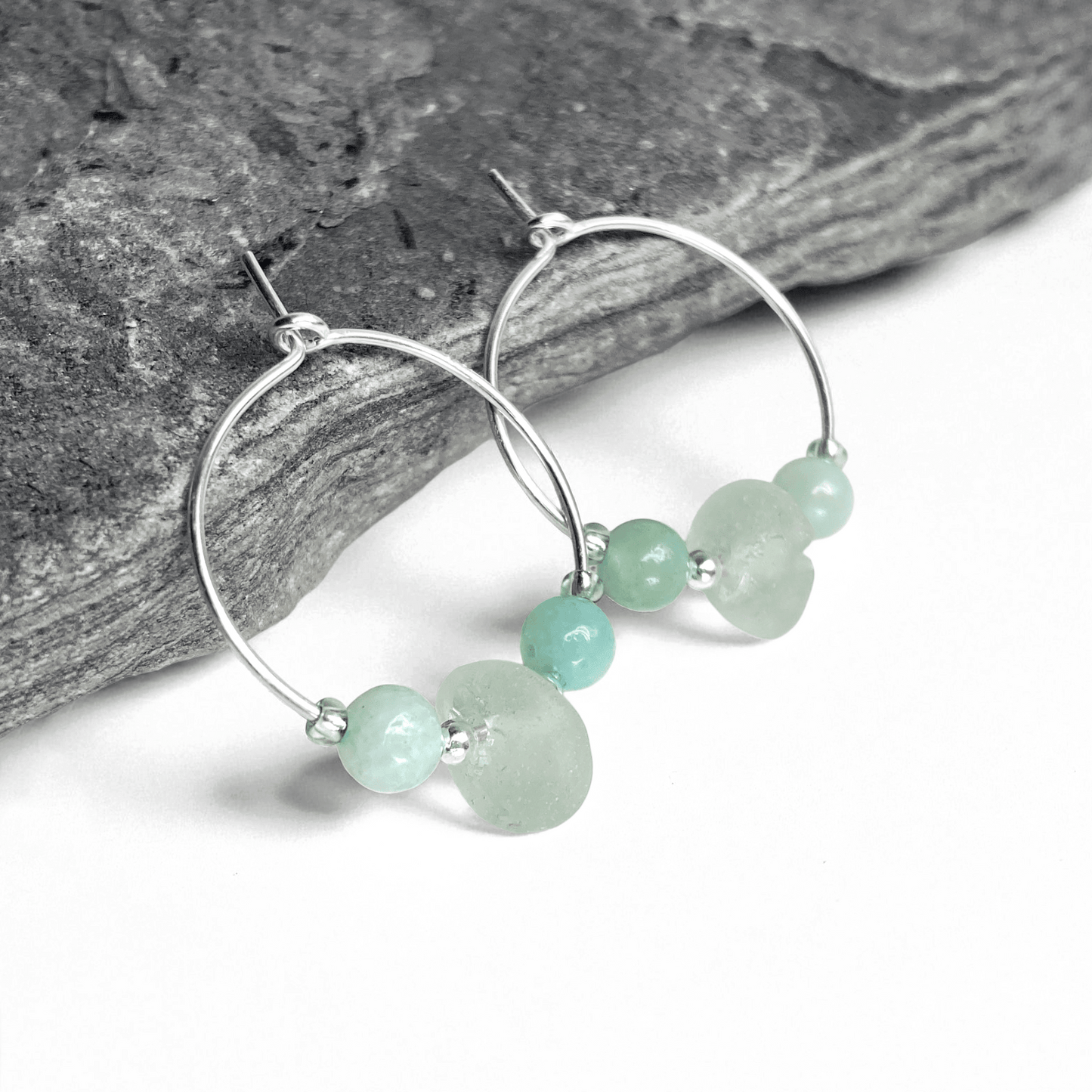 Sea Glass Hoop Earrings - Small - Green Amazonite Crystal - East Neuk Beach Crafts