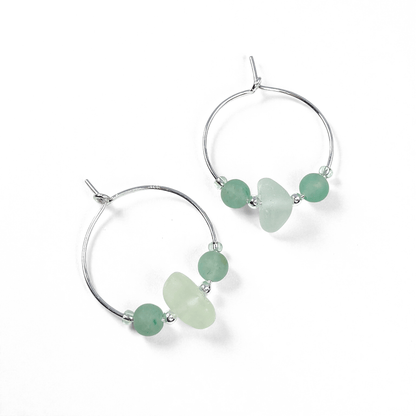 Sea Glass Hoop Earrings - Small - Green Aventurine Crystal