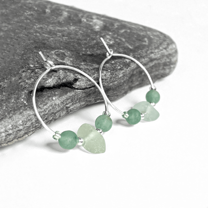 Sea Glass Hoop Earrings - Small - Green Aventurine Crystal