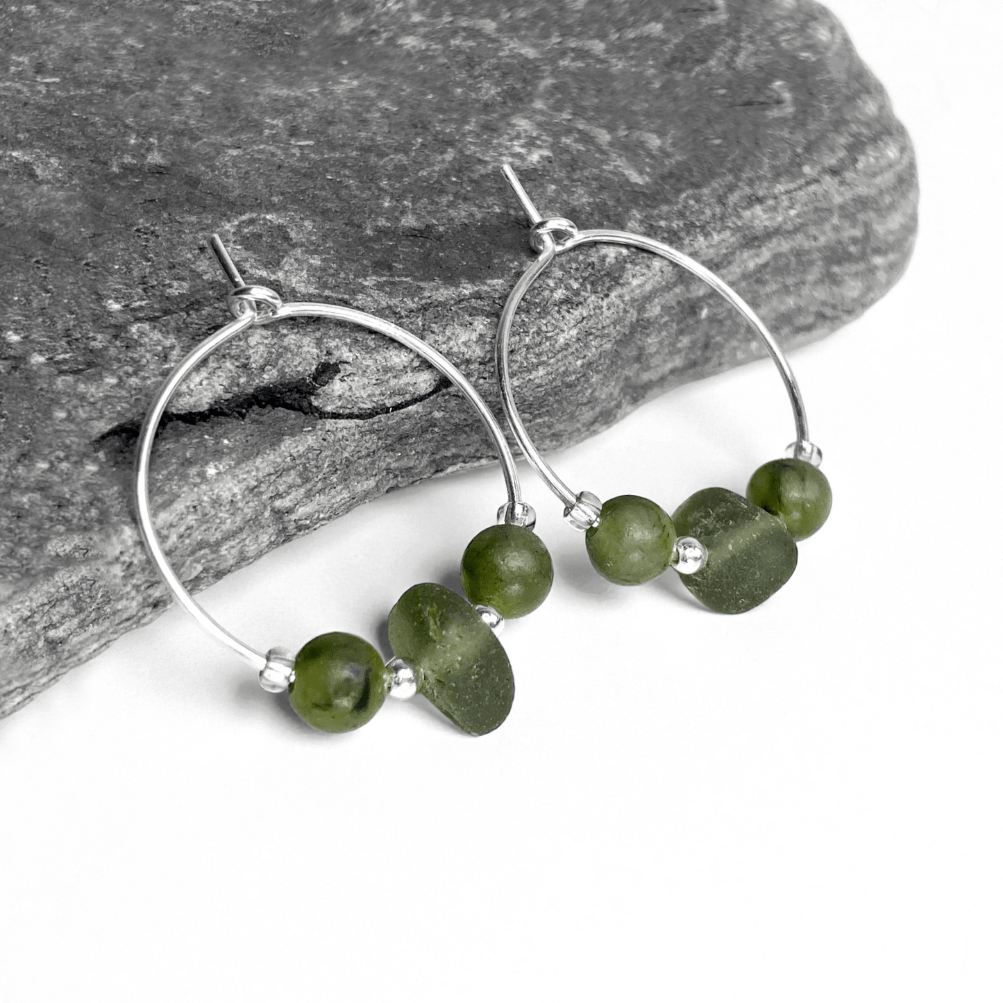 Sea Glass Hoop Earrings - Small - Green Jade Crystal - East Neuk Beach Crafts