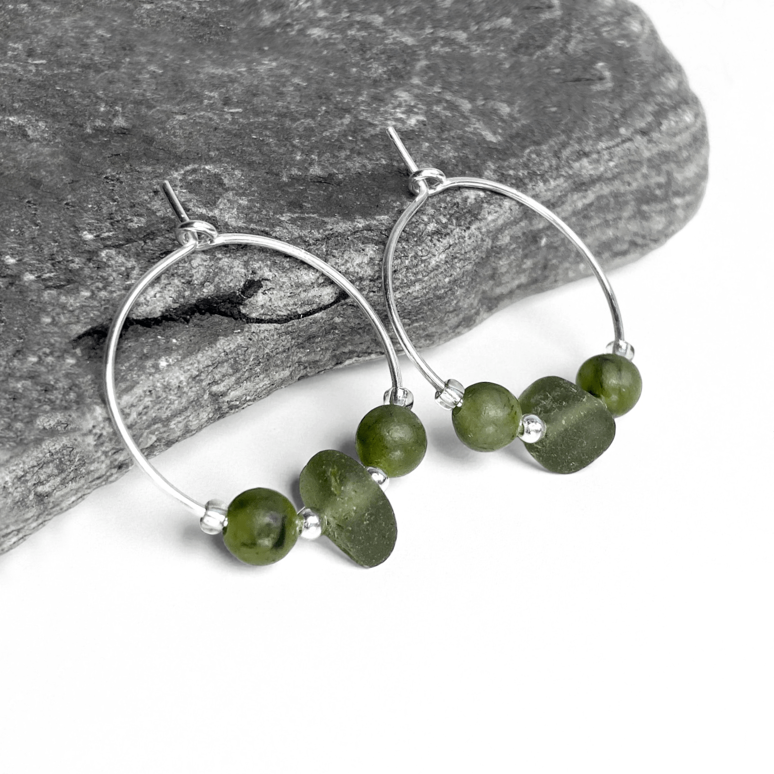Sea Glass Hoop Earrings - Small - Green Jade Crystal - East Neuk Beach Crafts