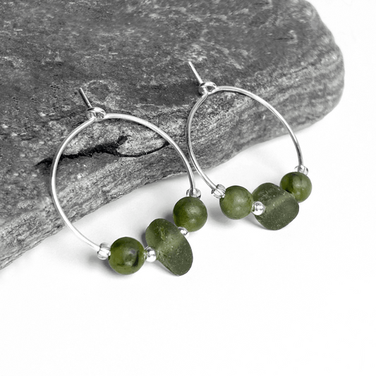 Sea Glass Hoop Earrings - Small - Green Jade Crystal - East Neuk Beach Crafts