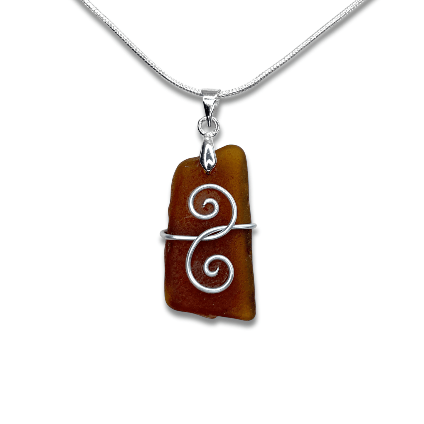 Sea Glass Necklace - Amber Brown 'Friendship' Interlocking Spirals Pendant - Silver Beach Jewellery - East Neuk Beach Crafts