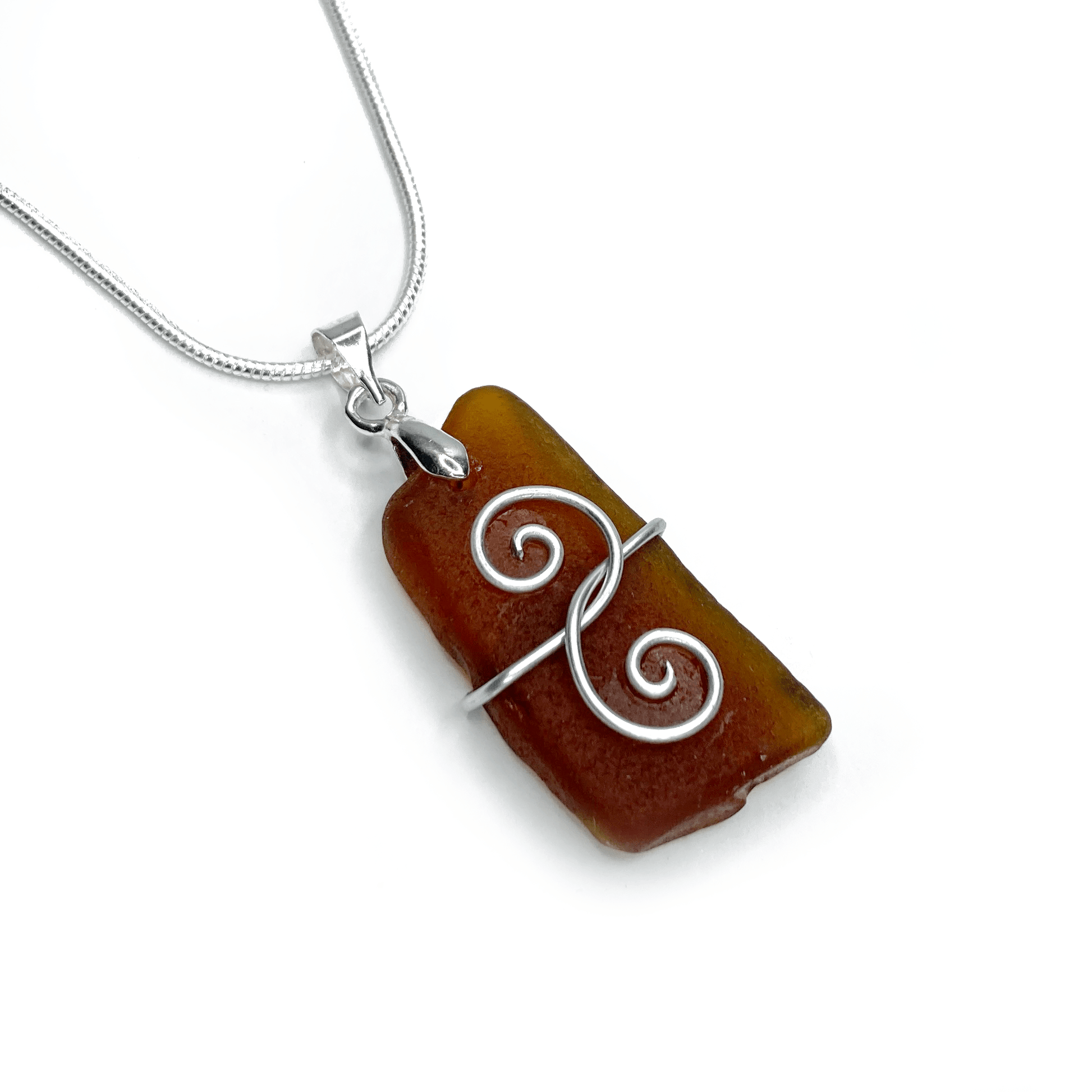 Sea Glass Necklace - Amber Brown 'Friendship' Interlocking Spirals Pendant - Silver Beach Jewellery - East Neuk Beach Crafts
