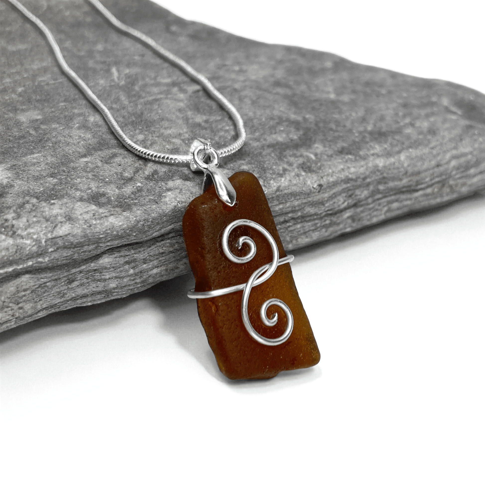 Sea Glass Necklace - Amber Brown 'Friendship' Interlocking Spirals Pendant - Silver Beach Jewellery - East Neuk Beach Crafts