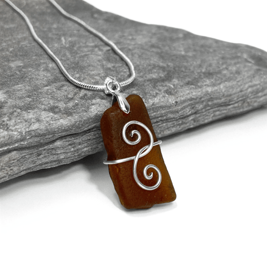 Sea Glass Necklace - Amber Brown 'Friendship' Interlocking Spirals Pendant - Silver Beach Jewellery - East Neuk Beach Crafts