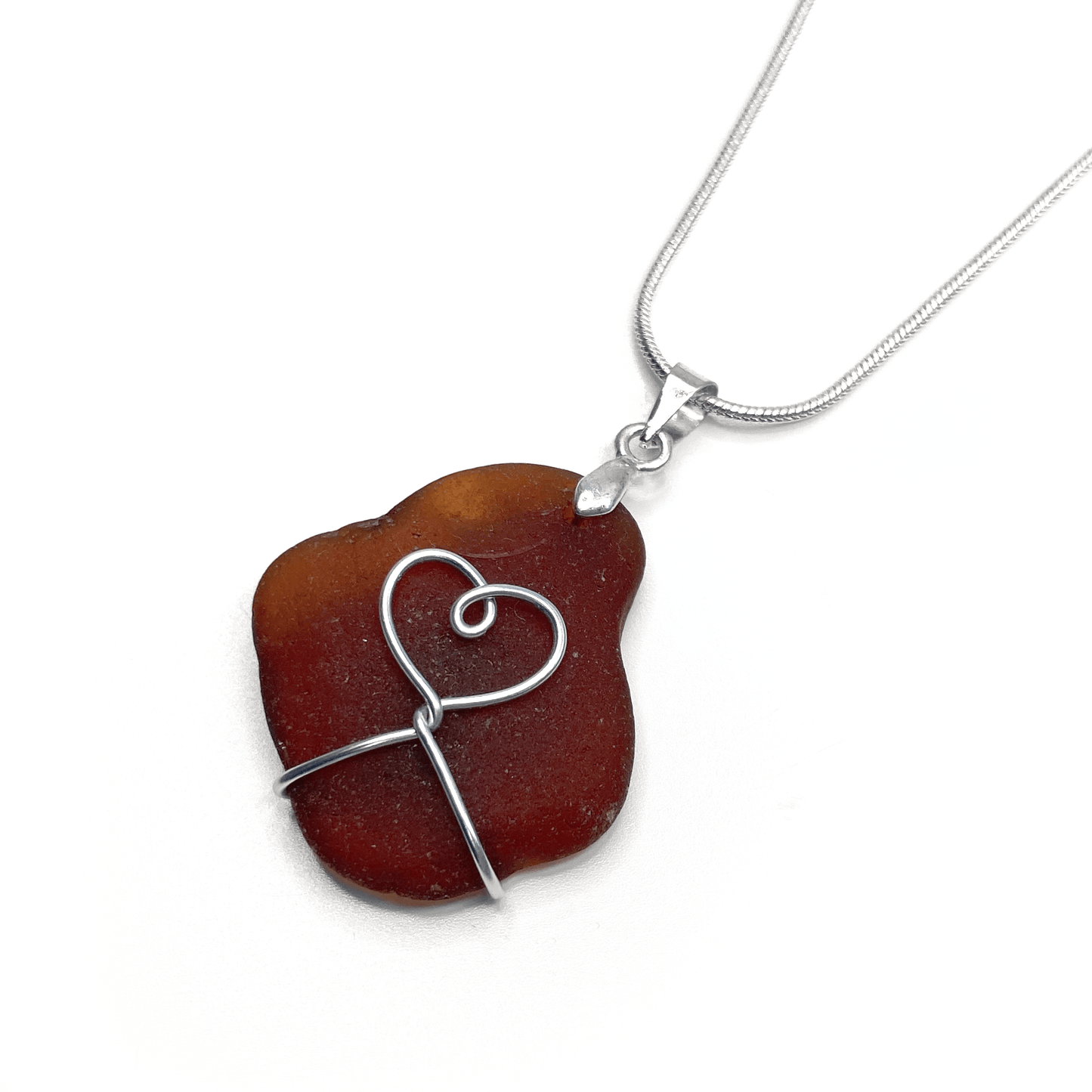 Sea Glass Necklace - Amber Brown Heart Wire Wrapped Pendant - Scottish Silver Jewellery - East Neuk Beach Crafts