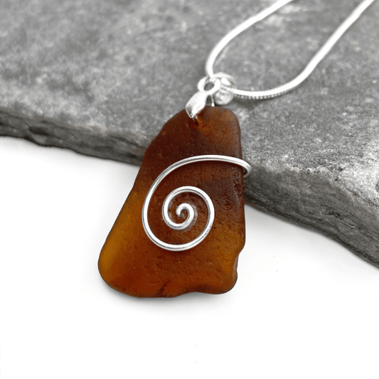 Sea Glass Necklace - Amber Celtic Pendant - Scottish Jewellery - East Neuk Beach Crafts