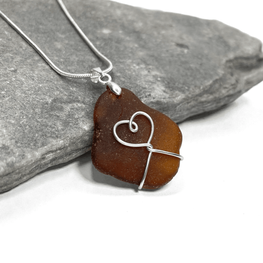 Sea Glass Necklace - Amber Heart Pendant - Scottish Jewellery - East Neuk Beach Crafts
