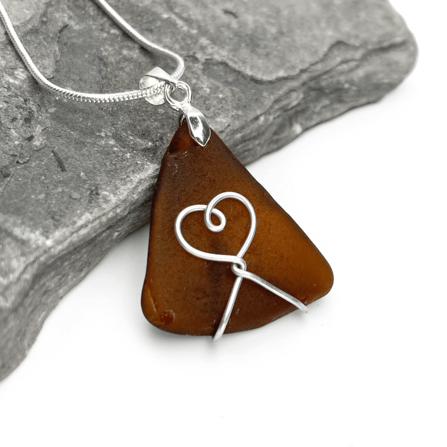 Sea Glass Necklace - Amber Heart Pendant - Scottish Jewellery - East Neuk Beach Crafts