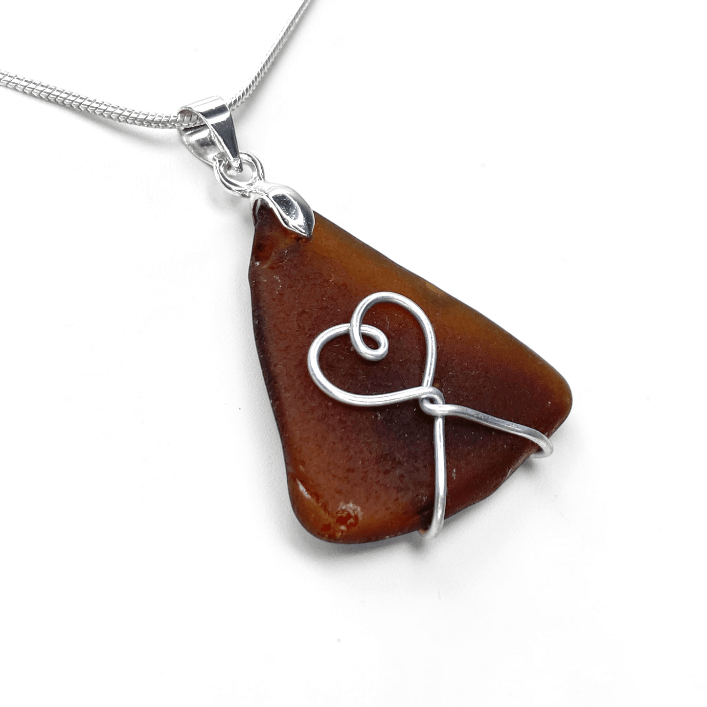 Sea Glass Necklace - Amber Heart Pendant - Scottish Jewellery - East Neuk Beach Crafts