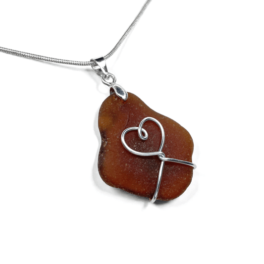 Sea Glass Necklace - Amber Heart Pendant - Scottish Jewellery - East Neuk Beach Crafts