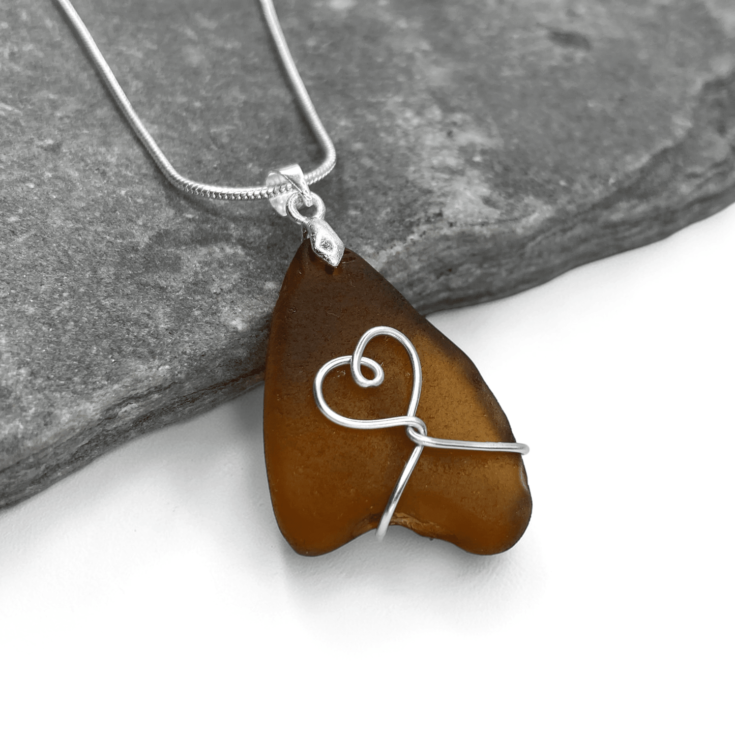 Sea Glass Necklace - Amber Heart Pendant - Scottish Jewellery - East Neuk Beach Crafts