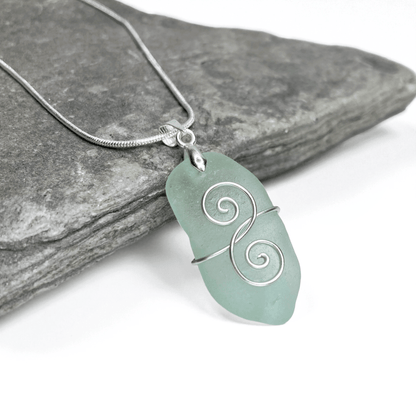 Sea Glass Necklace - Aqua Green 'Friendship' Interlocking Spirals Pendant - Silver Scottish Beach Jewellery - East Neuk Beach Crafts