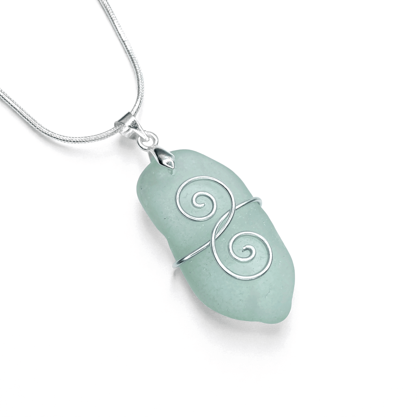 Sea Glass Necklace - Aqua Green 'Friendship' Interlocking Spirals Pendant - Silver Scottish Beach Jewellery - East Neuk Beach Crafts