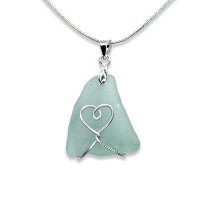 Sea Glass Necklace - Aqua Green Heart Wire Wrapped Pendant - Scottish Silver Jewellery - East Neuk Beach Crafts