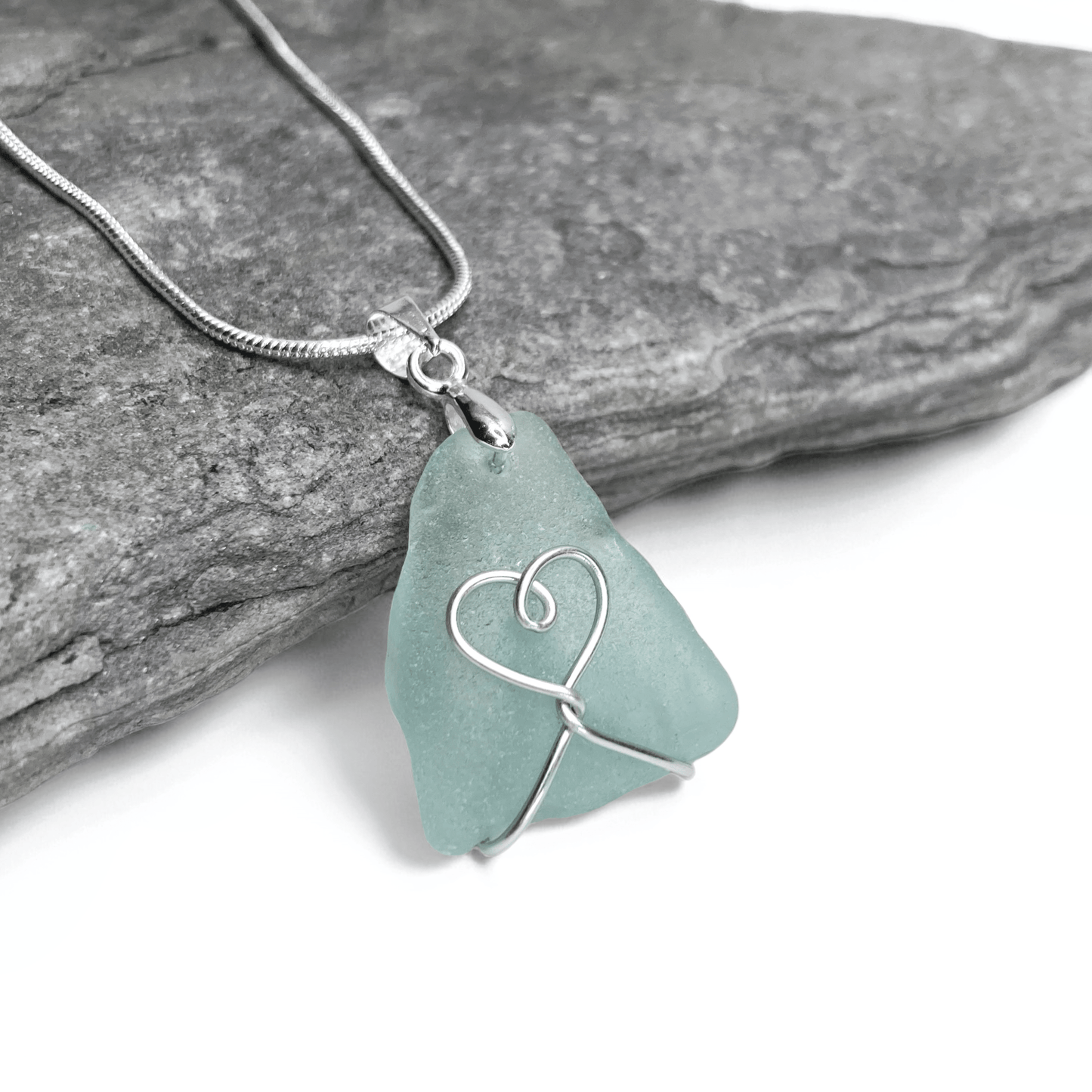 Sea Glass Necklace - Aqua Green Heart Wire Wrapped Pendant - Scottish Silver Jewellery - East Neuk Beach Crafts