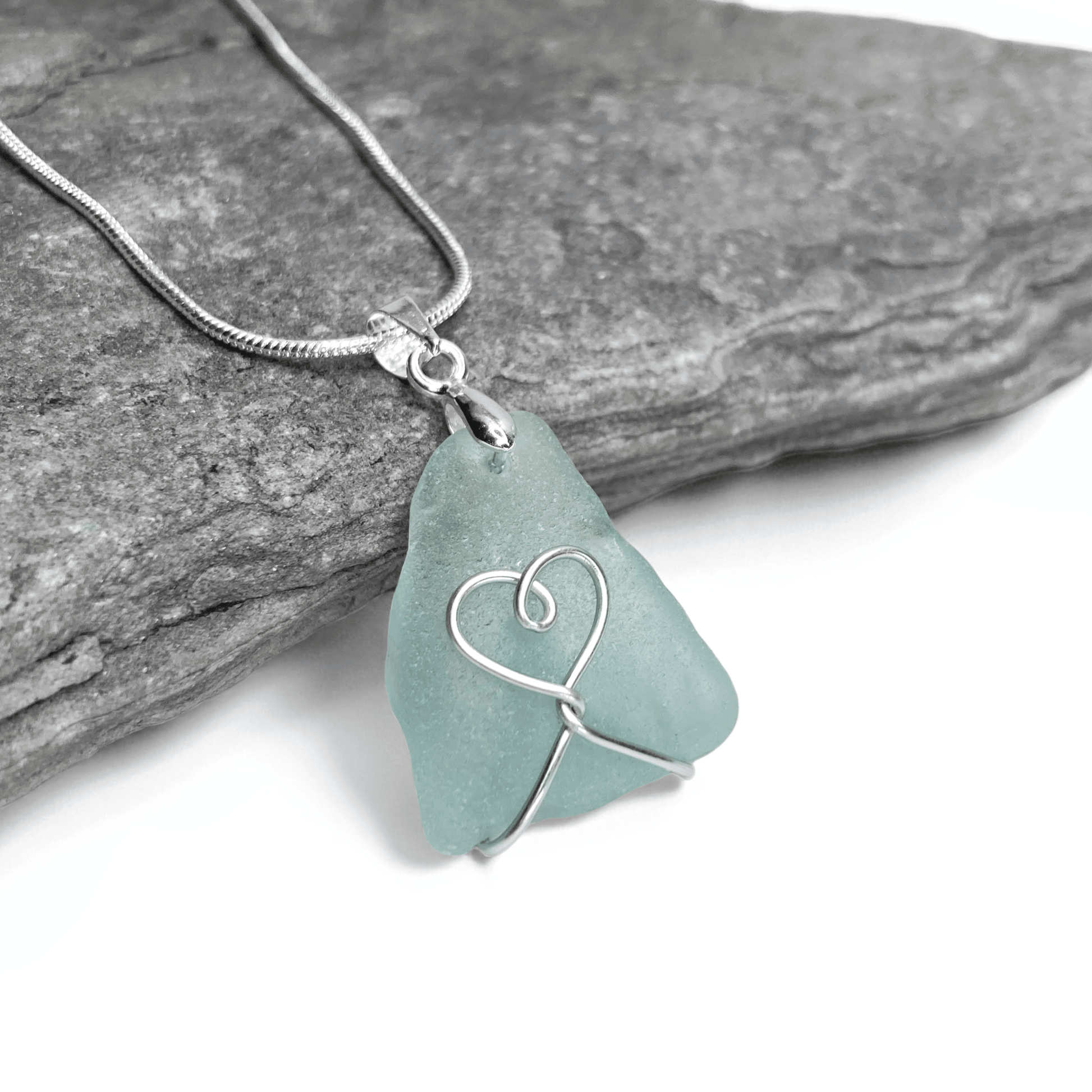 Sea Glass Necklace - Aqua Green Heart Wire Wrapped Pendant - Scottish Silver Jewellery - East Neuk Beach Crafts