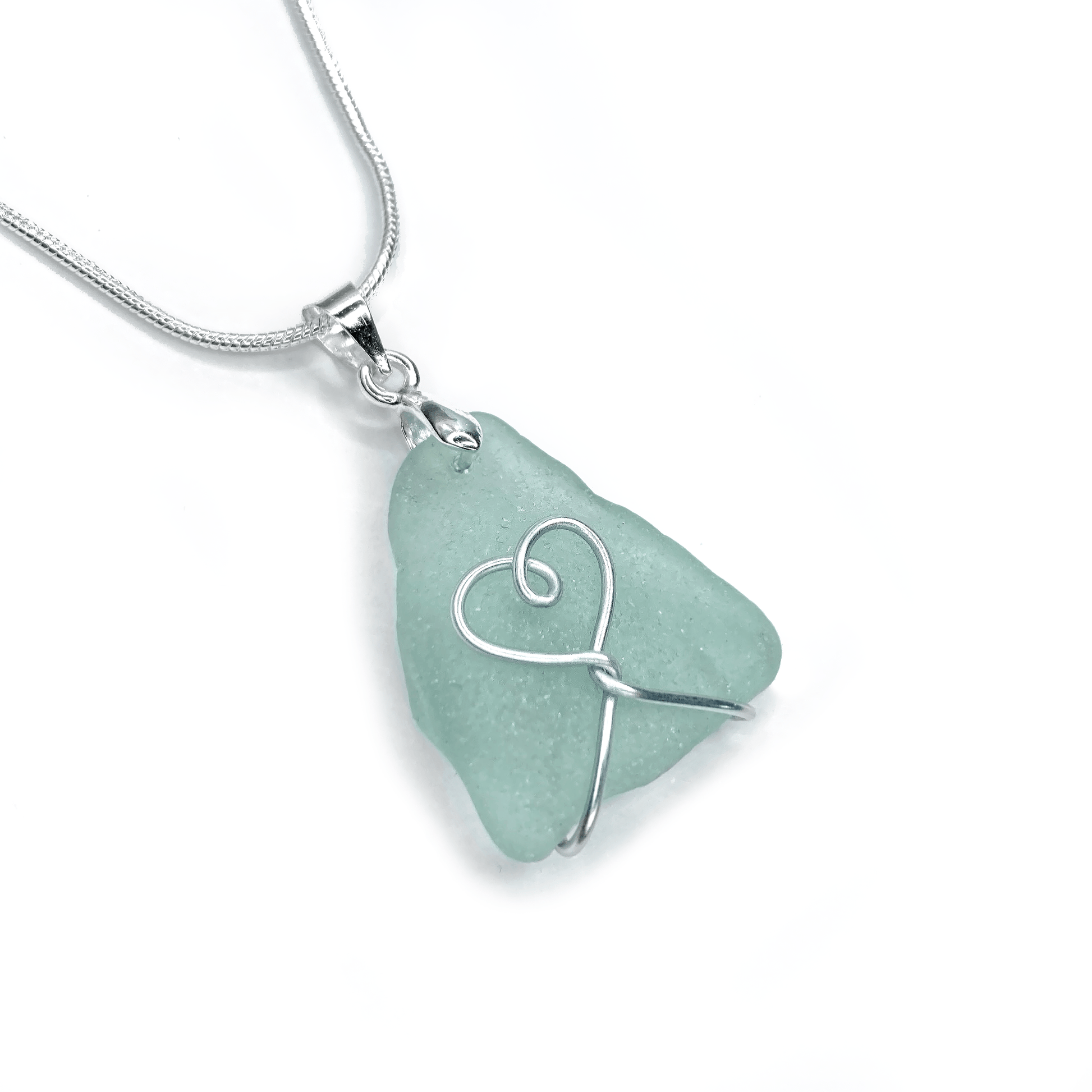 Sea Glass Necklace - Aqua Green Heart Wire Wrapped Pendant - Scottish Silver Jewellery - East Neuk Beach Crafts
