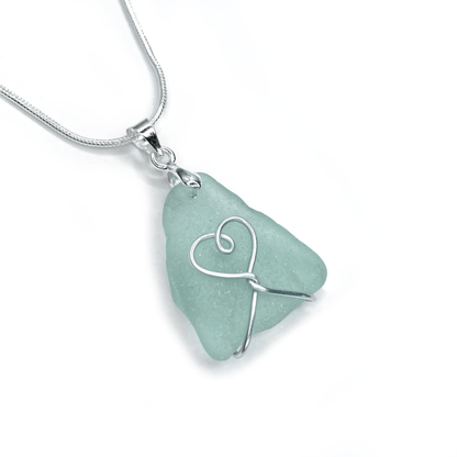 Sea Glass Necklace - Aqua Green Heart Wire Wrapped Pendant - Scottish Silver Jewellery - East Neuk Beach Crafts